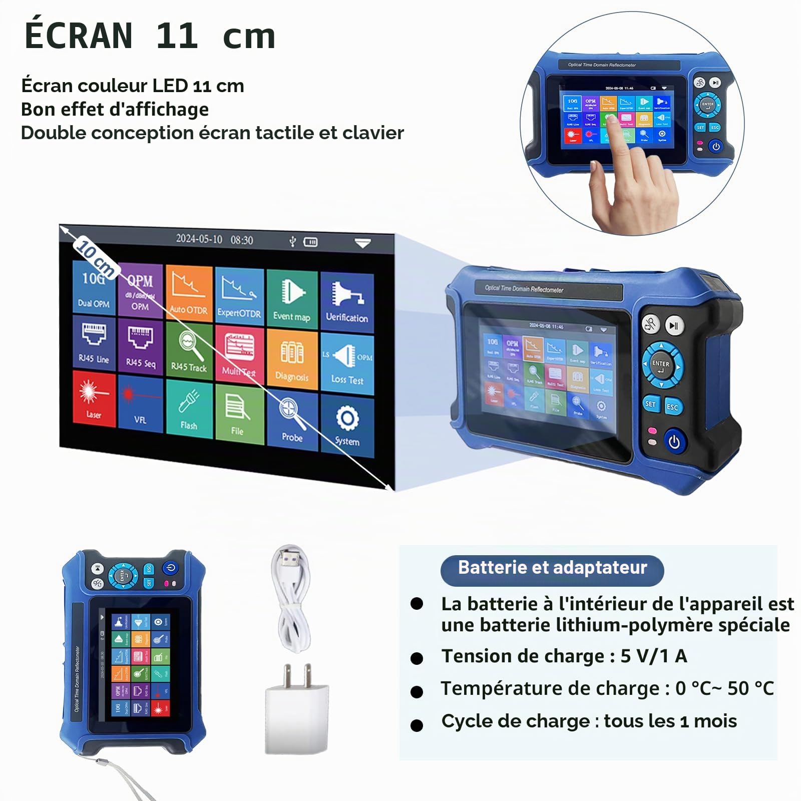 Testeur de fibre optique OTDR 16 en 1 1310/1550 nm, écran tactile de 11 cm et carte d'événement OLT (Optical Loss Test), testeur de fibre intégré VFL OPM LS/OLS/RJ45, fonctions RJ45, testeur
