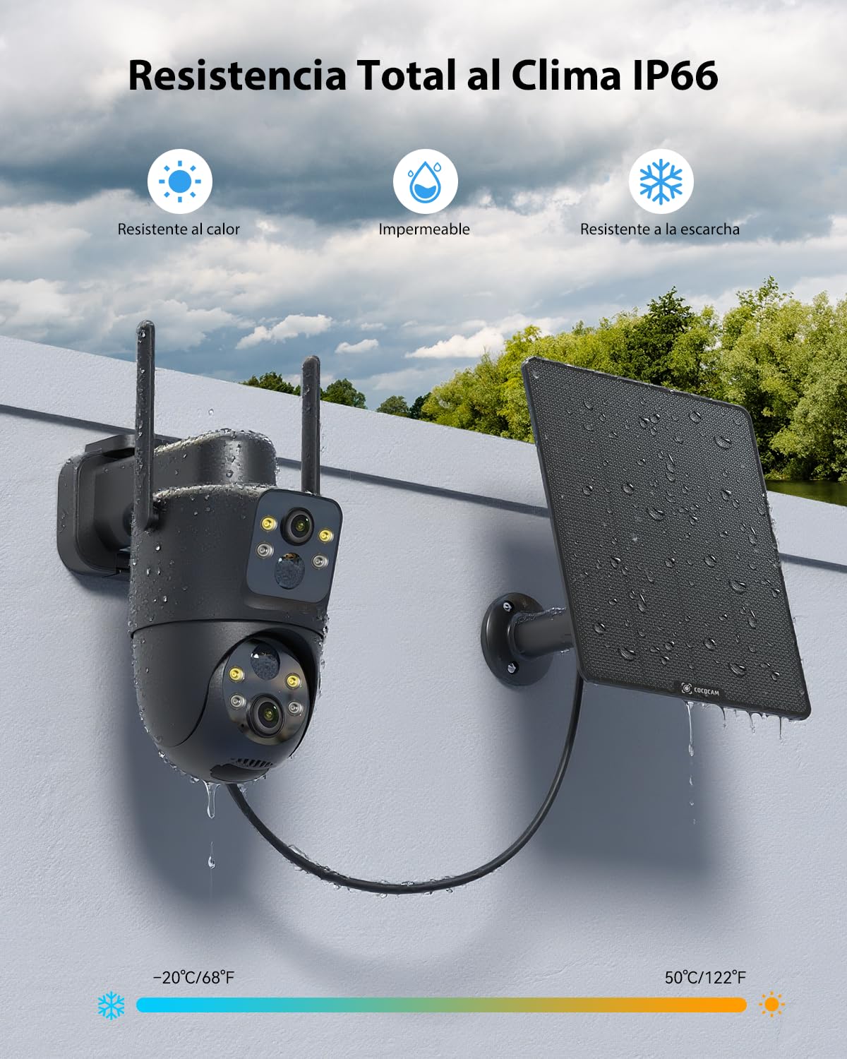 COCOCAM 2K Camara Vigilancia WiFi Exterior Solar Doble PIR Lente | Doble AI Humana Detección, Batería 10000mAh, Panel Solar 6W, Visión Nocturna Color, 355°P 90°T, IP66, Solo 2.4G WiFi