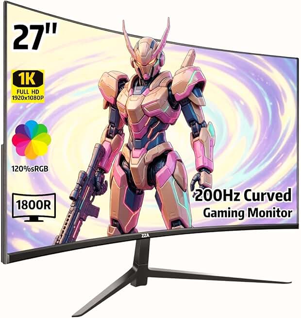 ZZA 27 Inch Curved Gaming Monitor 200Hz, Full HD 1080P VA Panel Computer Monitor, 1ms Response Time, FreeSync, HDMI &amp; DP Port, HDR, Frameless, VESA Mountable