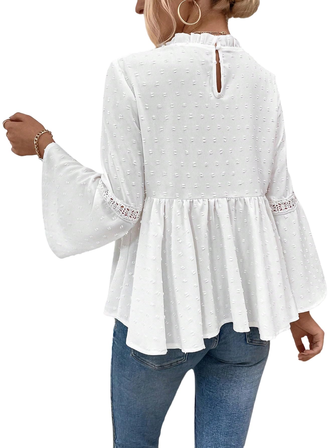 GORGLITTER Blusa elegante para mujer, cuello alto, con lunares suizos, manga de volantes, top de ocio, con encaje, bobydoll