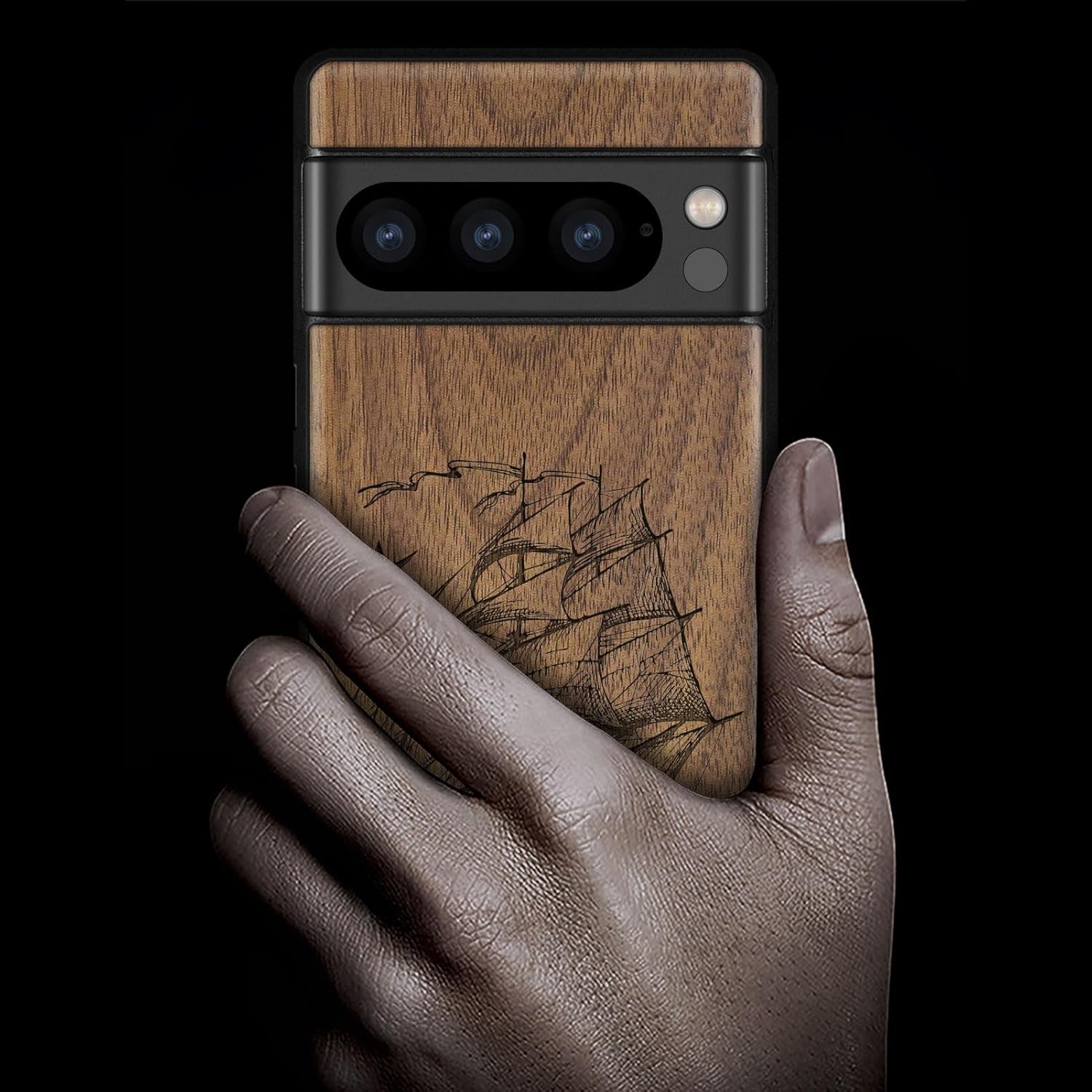 Carveit Wood Case for Pixel 8 Pro Case [Natural Wood & Black Soft TPU] Shockproof Protective Unique Wooden Cover Compatible with Google Pixel 8 Pro (Sailboats-Walnut)