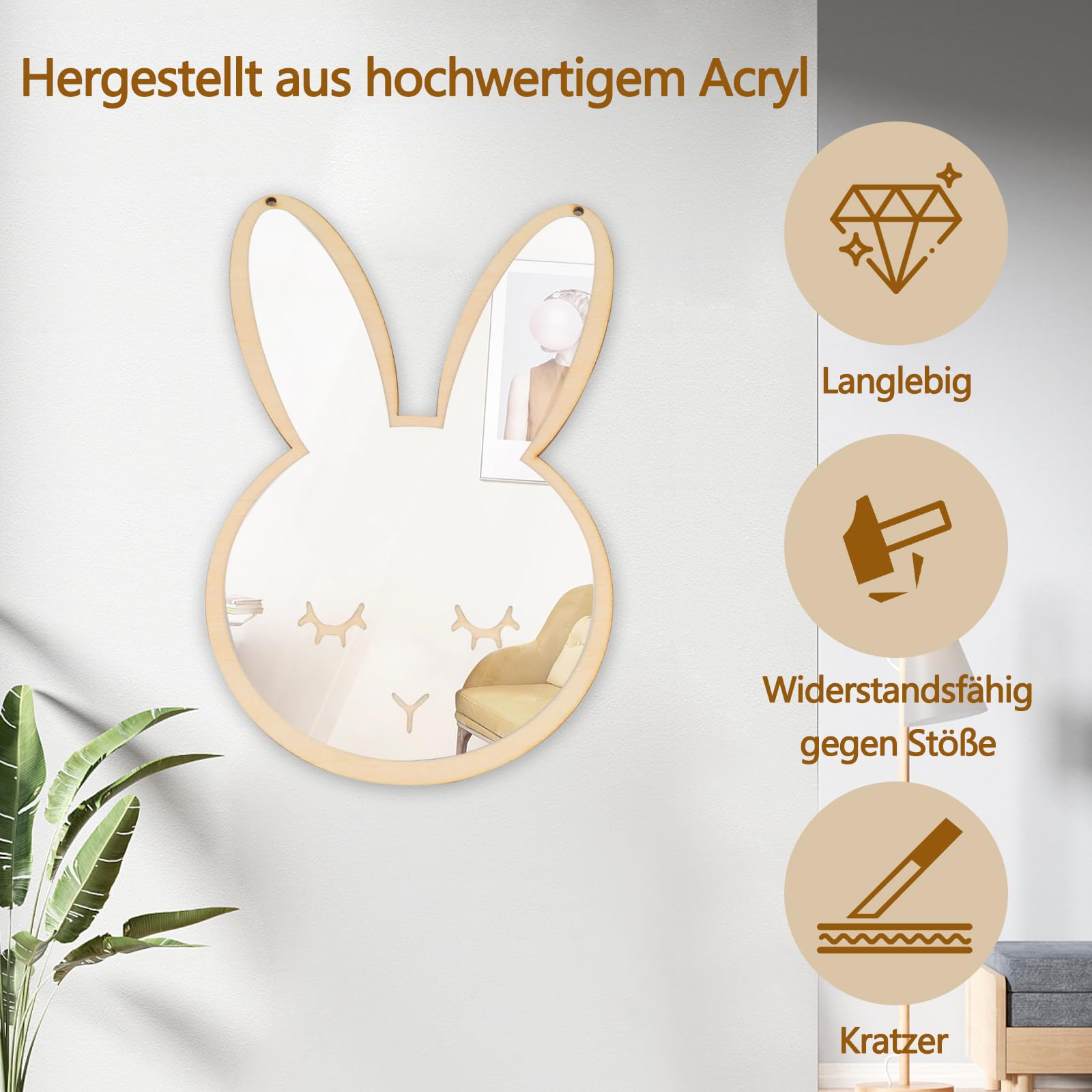 Miroir Acrylique Mural Lapin 37x25 Cm – Décoratif Et Sans Danger Pour Chambre Enfant, Salle De Bain Ou Salon