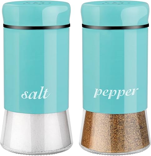 Salero y pimentero turquesa, decoración de cocina turquesa y accesorios de cocina verde azulado, juego de sal y pimienta de vidrio de granja de 5