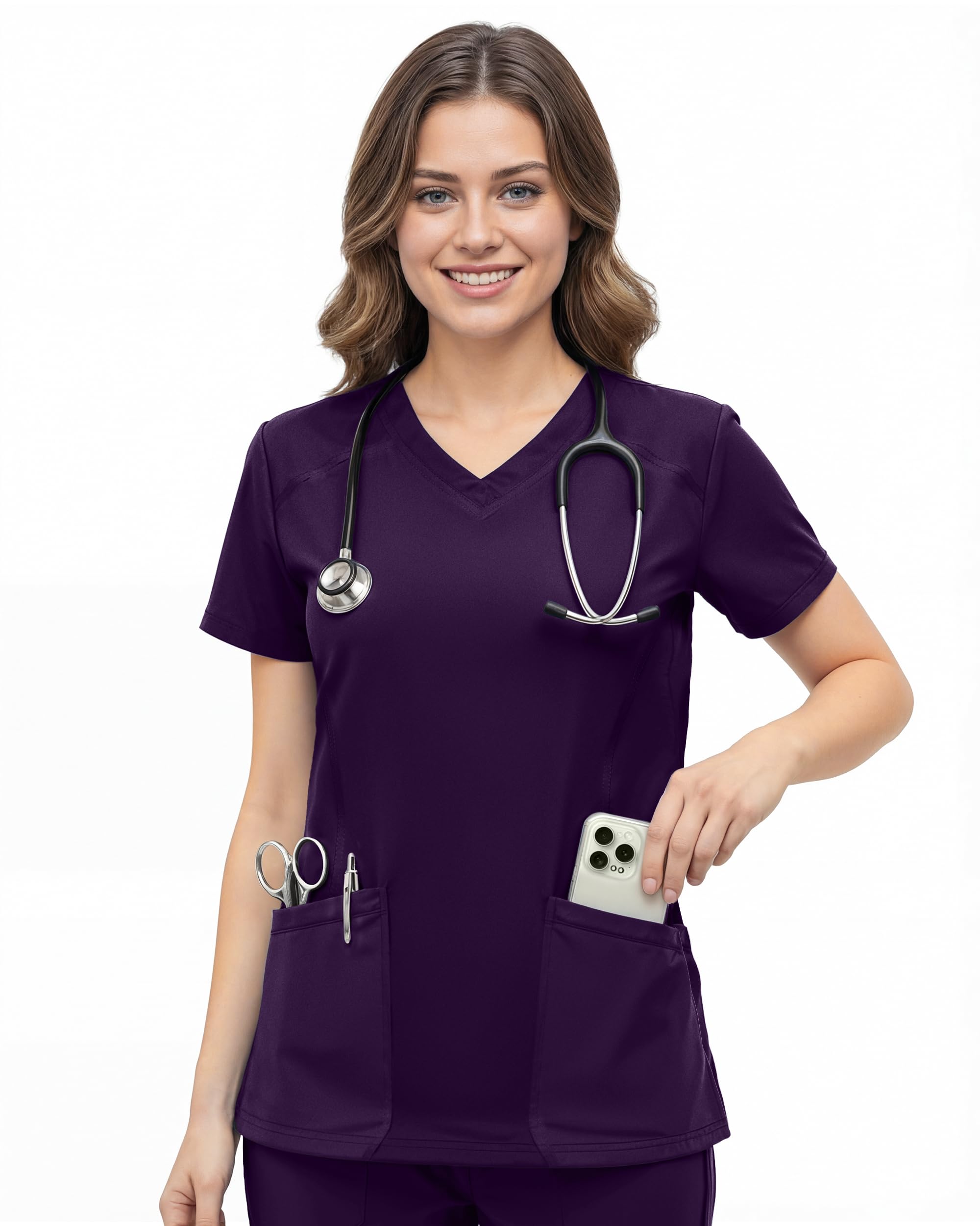 ny threads scrub tops for women soft stretch v-neck medical scrub top with pockets, small, plum