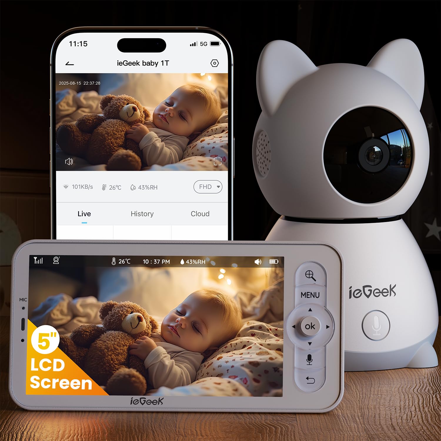ieGeek 2K Baby Monitor with 5" Screen, HD Video Baby Camera with Motion & Cry Detection, Two-Way Audio, Night Vision, 360° PTZ & Temperature Humidity Sensor for Baby Nursery (Light Grey)