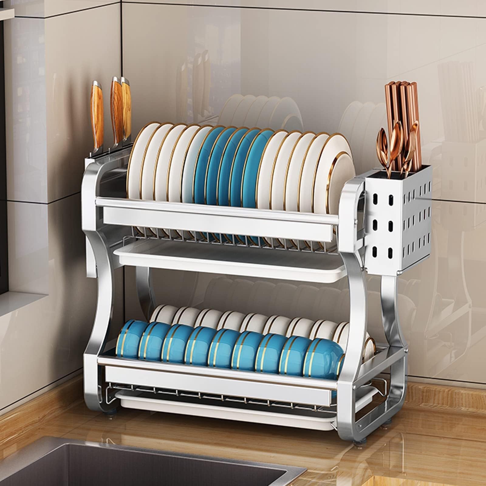 Escurridor de platos premium con bandeja de goteo, escurridor de platos de cocina antioxidante y soporte para utensilios de cocina, diseño que ahorra espacio, perfecto para encimeras (plateado, 18 x