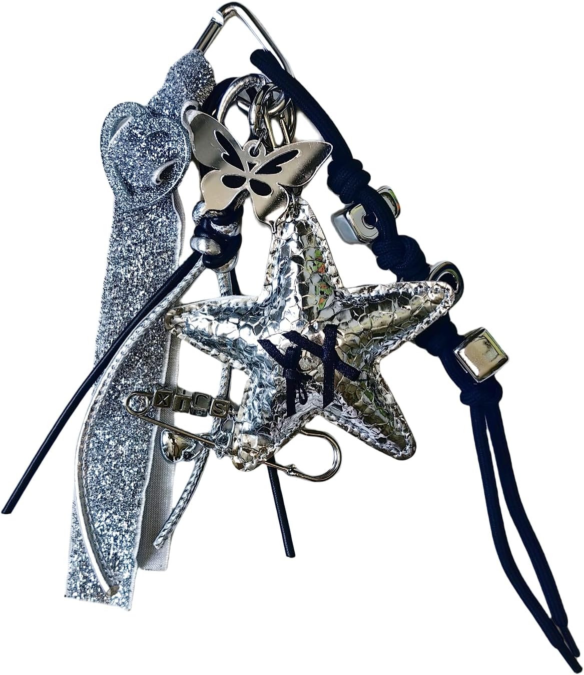 6-in-1 Punk Style Bag Charms Set with Silver Star, Glitter Ribbon, Letter Bead Chain, Leather Cord, Butterfly Keychains & Keyring for Handbag Backpack Purse Backpack Purse