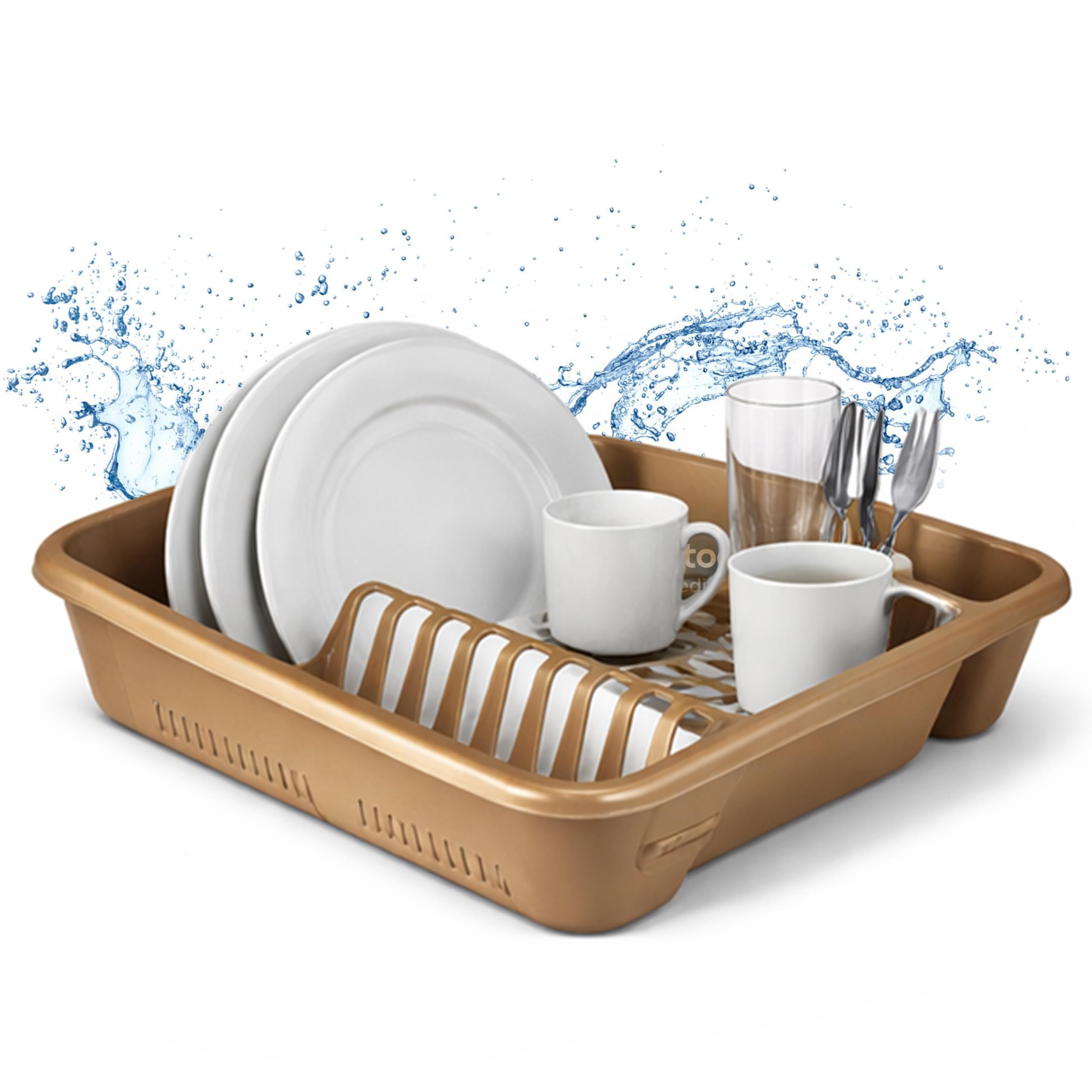Ploutos World Wide Plastic Kitchen Sink Dish Drainer – Cutlery, Plate & Cup Drying Rack, Countertop Drainer Holder with Removable Cutlery Section, Durable Sink Drip Tray Organizer (Gold)