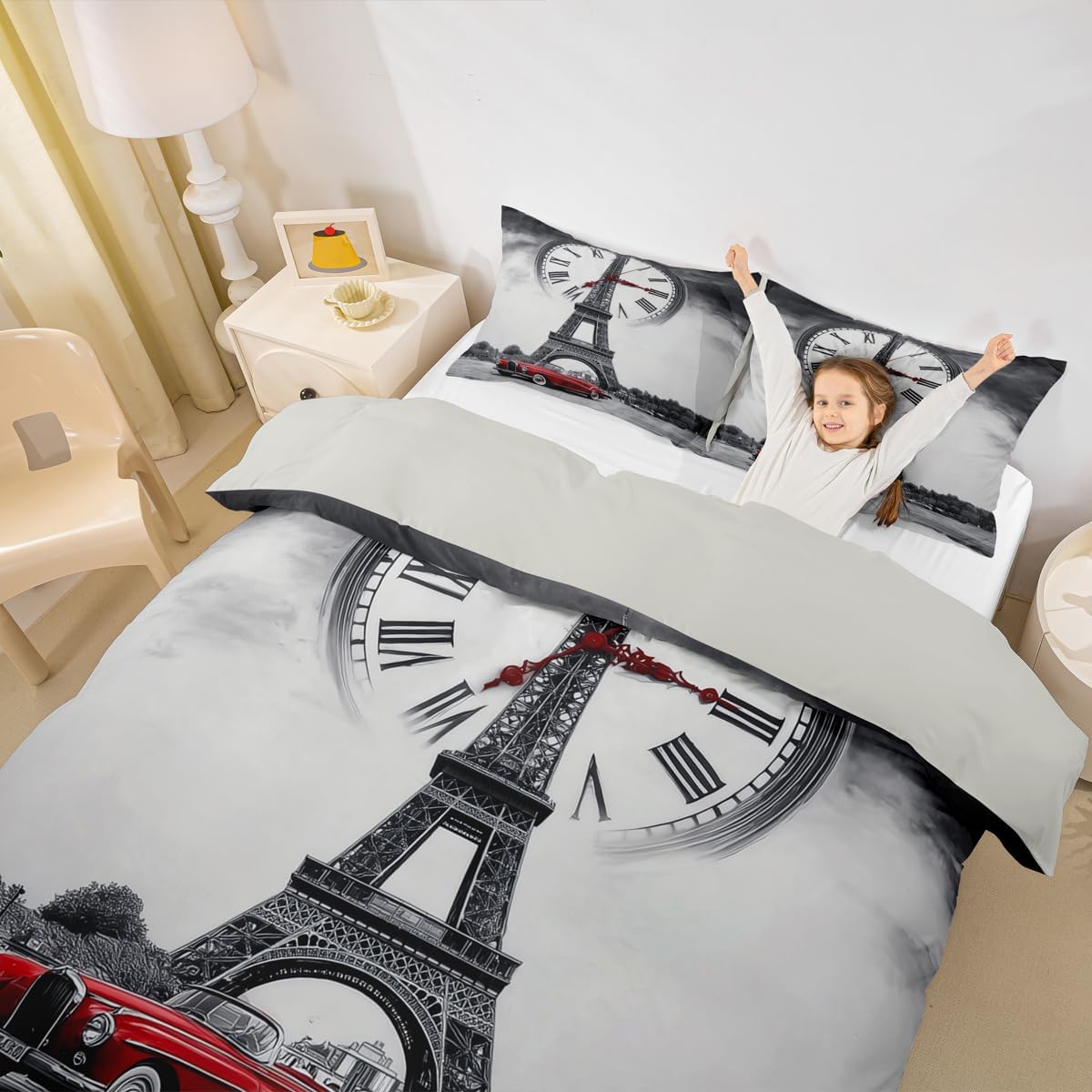 Erosebridal Eiffel Tower Comforter Cover Paris France Duvet Cover King Size for Kids Boys Girls Teens Retro Truck Clock Quilt Cover City Building Automobile Bedding Set Stylish Decor, Grey