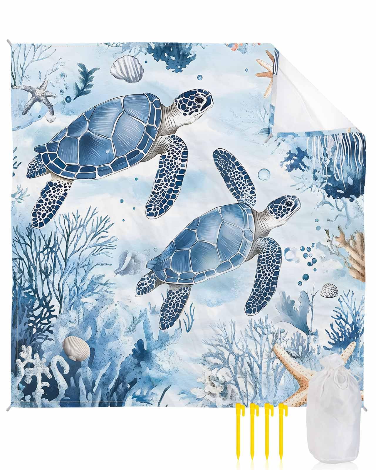 Beach Blanket Sandproof Waterproof Picnic Blankets Summer Sea Turtle Blue Ocean Extra Large Lightweight Outdoor Beach Mat with Corner Pockets for Travel/Camping/Hiking Coral Starfish Shell Jellyfish