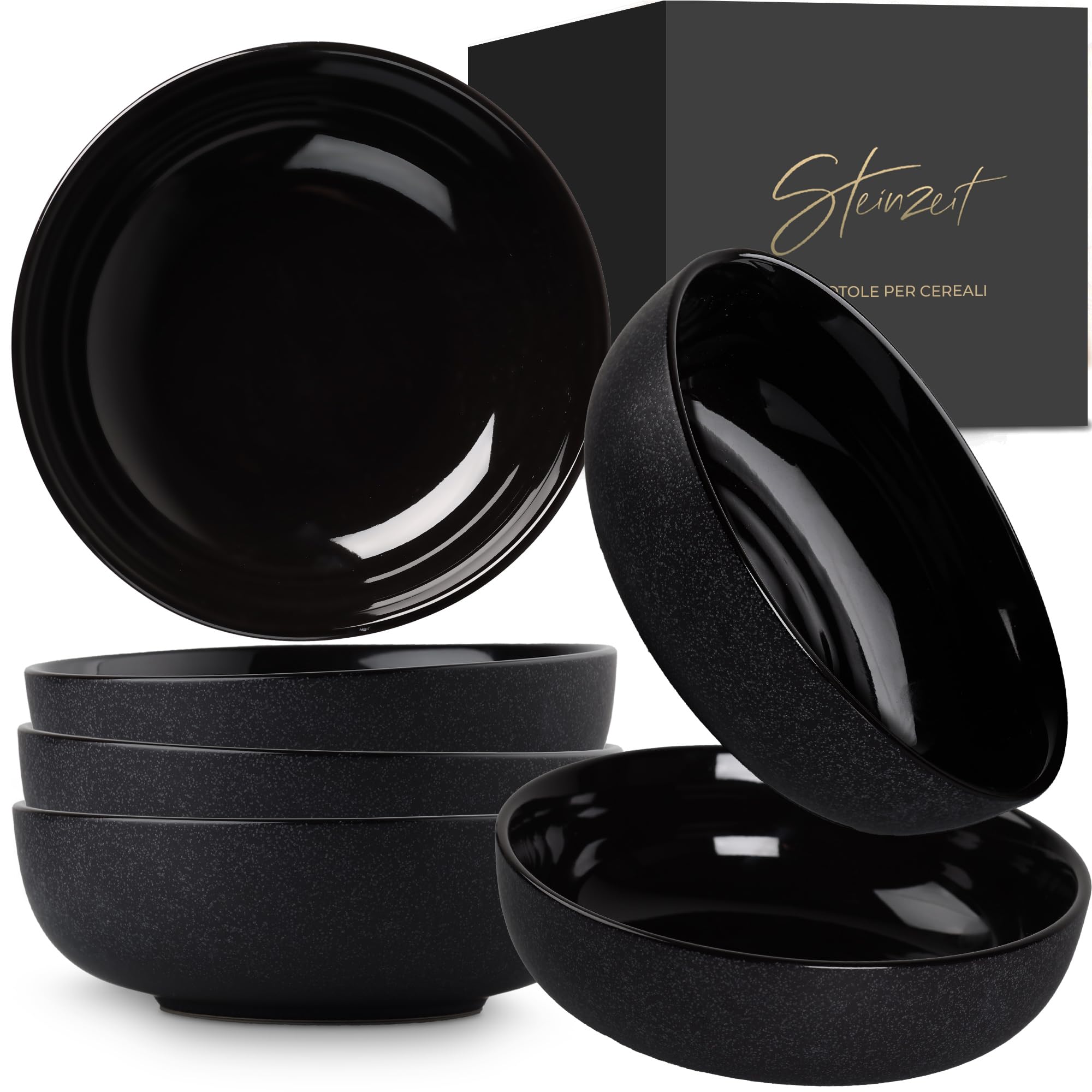 Steinzeit Ciotola Cucina Design (6x750ml, nero) - Insalatiera Ceramica per zuppa extra large - Ciotole colazione lavabile in lavastoviglie - Bowl - Ciotola per cereali - Insalatiera in ceramica