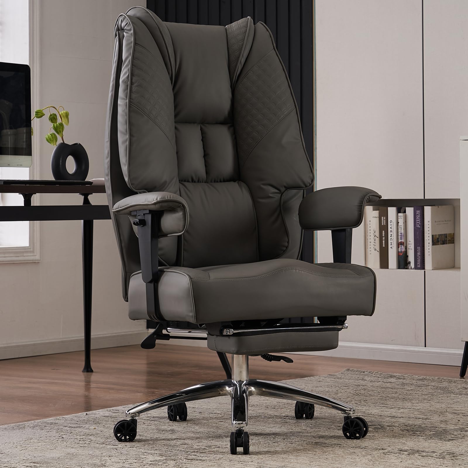 EXCEBET Silla de Oficina ergonómica con Respaldo Alto, reposabrazos Ajustables y Asiento Amplio, giratoria, de Cuero PU, Altura Ajustable, Silla ejecutiva hasta 200 kg (Gris-1)