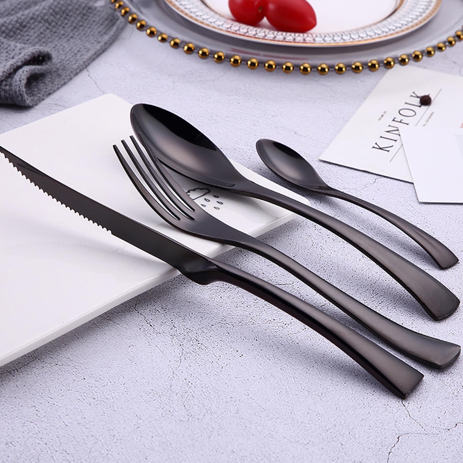 Besteckset Besteck Set Schwarz Edelstahl, Elegant, Klassisch, Langlebig, Im Lieferumfang Sind Ein Messer, Eine Steakgabel Und Ein Löffel Enthalten Für Zuhause, Hotel, Restaurant (20pcs)