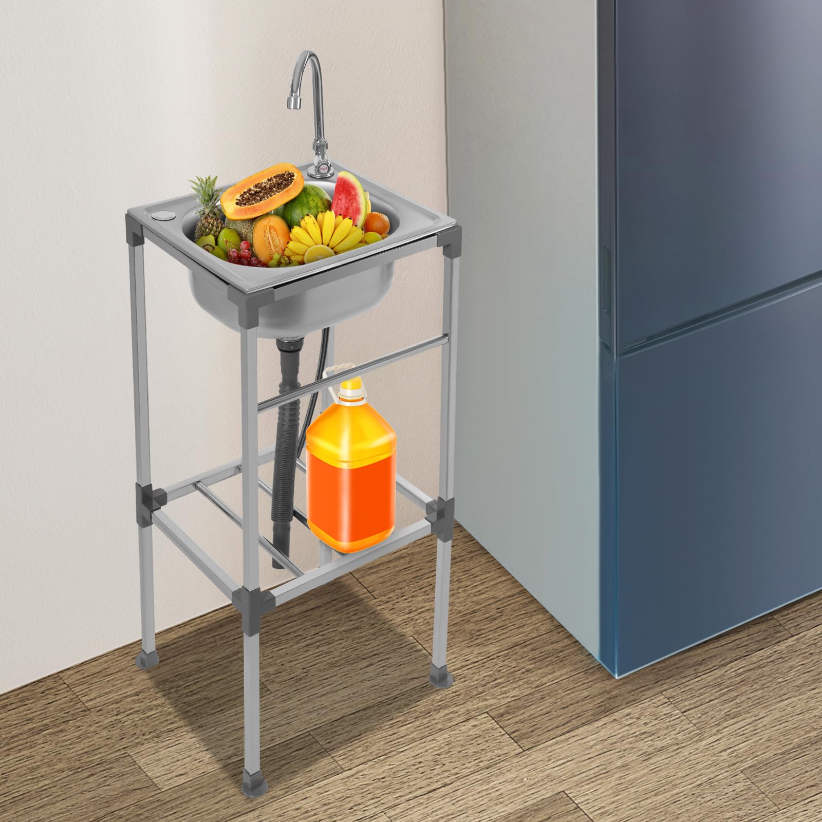 Lavabo autoportant en acier inoxydable avec robinet et système de drainage, silencieux et inoxydable, pour cuisine, garage, buanderie, restaurant 38 x 33 x 83 cm