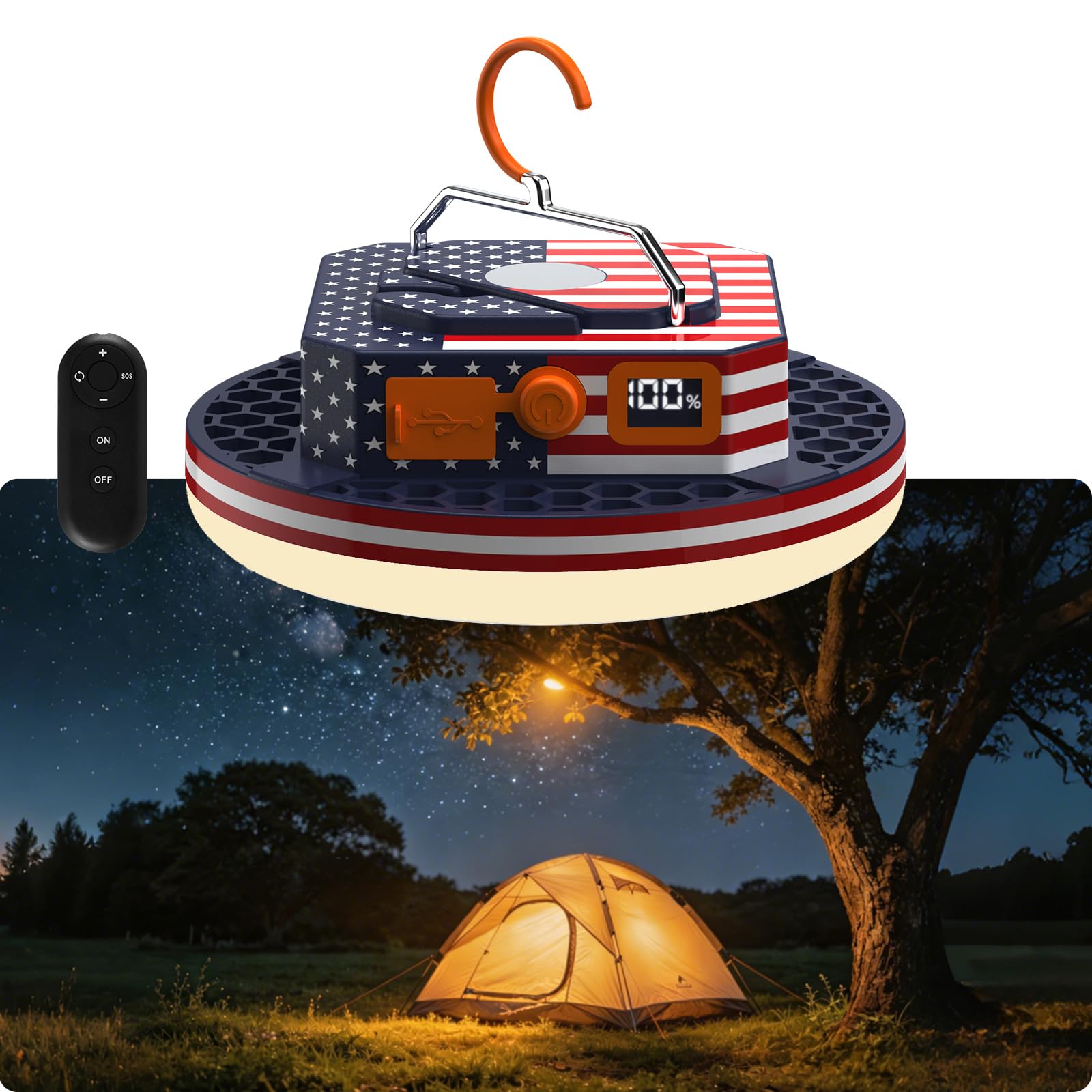 IODOO 10000mAh Rechargeable Camping Light with Remote , US Flag Print American Flag Light for Outdoor Camping Hiking Emergency Power Failure (30W(US Flag Style))