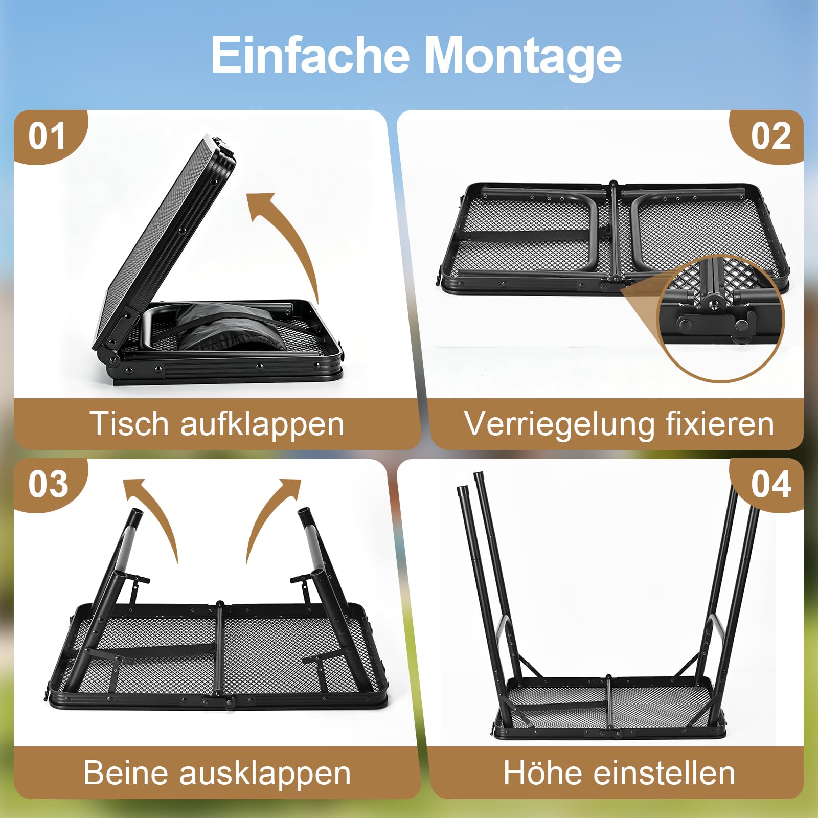 Campingtisch klappbar 60 x 40 cm, Grilltisch klappbar höhenverstellbar 26/47/65 cm, leichter Metalltisch 2,4 kg mit Gitterplatte, Camping Tisch bis 30 kg für BBQ, Picknick, Garten, Balkon