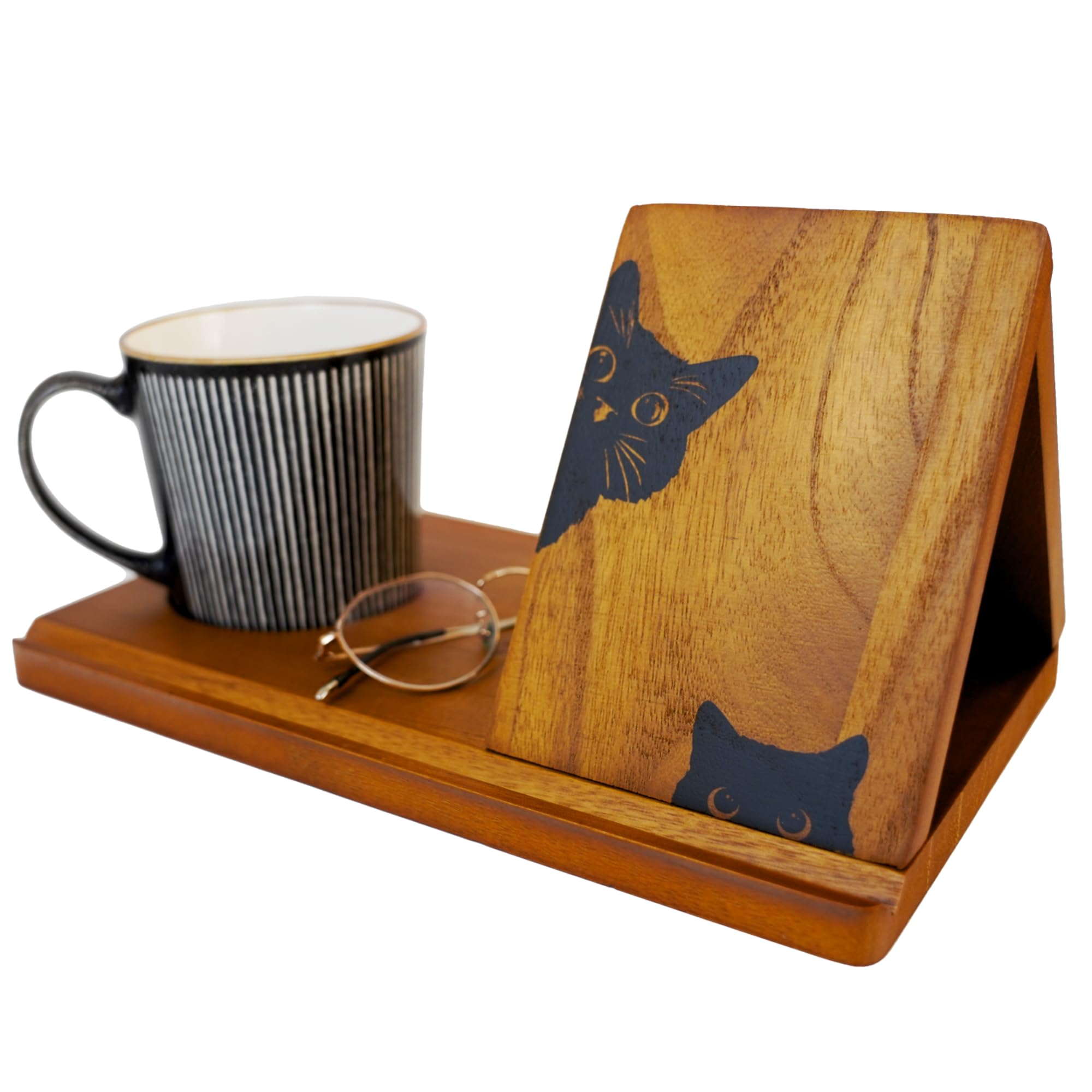 Adeerus Wooden Book Stand, Triangle Book Holder, Small Bookshelf, Black Cat Book Rest with Cup Holder, for Reading or Desktop Decoration, Coffee and