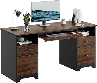 Bestier 59" Computer Desk with 4 Drawers, Keyboard Tray, File Storage & Dual Pedestals - Industrial Home Office Desk, Cherry