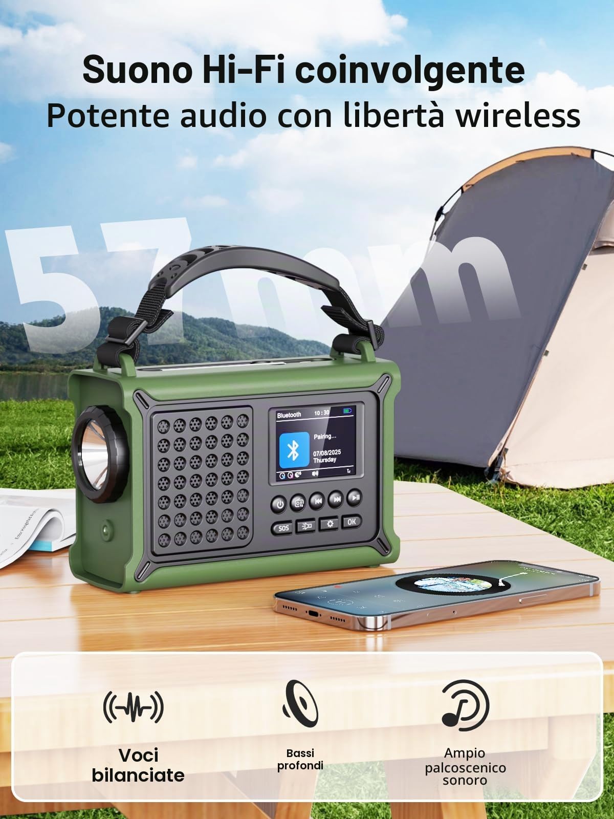 ROCAM Radio DAB Portatile con Bluetooth, Radio a Manovella 12000mAh con Pannello Solare e Dinamo, Radio Digitale DAB+/FM con Display a Colori 2,4", 80 Stazioni, Torcia LED,USB, SOS, IPX6 per Campeggio
