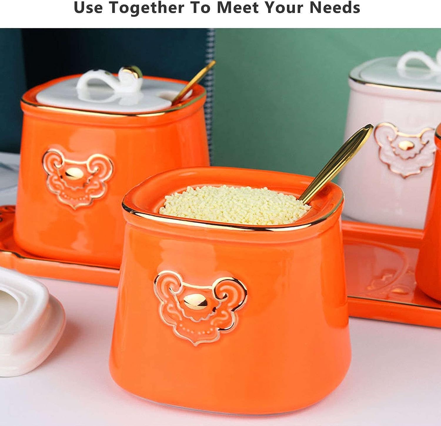 Pots à Épices Assaisonnement Box Set Coffret D'assaisonnement En Céramique Nordique, Avec Couvercle De Cuillère Et Plateau, Ensemble De Pots À Épices, Organisateur De Condiments, Cuisine Pots à Sel Se