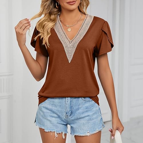 Miniatura 5 de Summer Casual V Neck Short Sleeve Tops Ruffle Sleeve Plain Trendy T Shirts Beach Clothing
