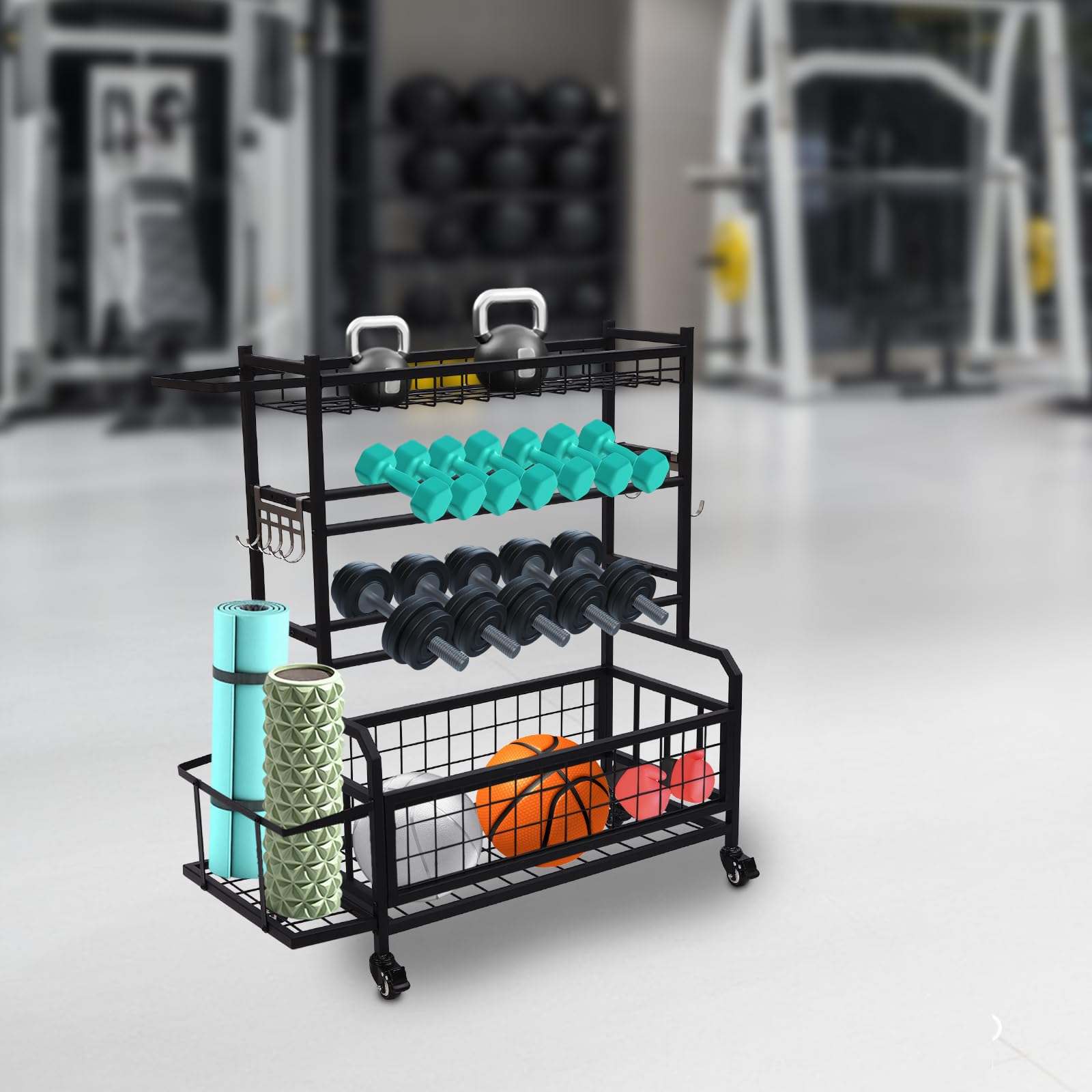 Turnhallenregal,4 Etagen SportgeräTe Aufbewahrung Ballaufbewahrung Regal ,mit Rädern Aktivitätsräume, Garagen, Zuhause und Fitnessstudio Lagerregal,Max.136kg Tragfähigkeit Ballaufbewahrung Regal ,102