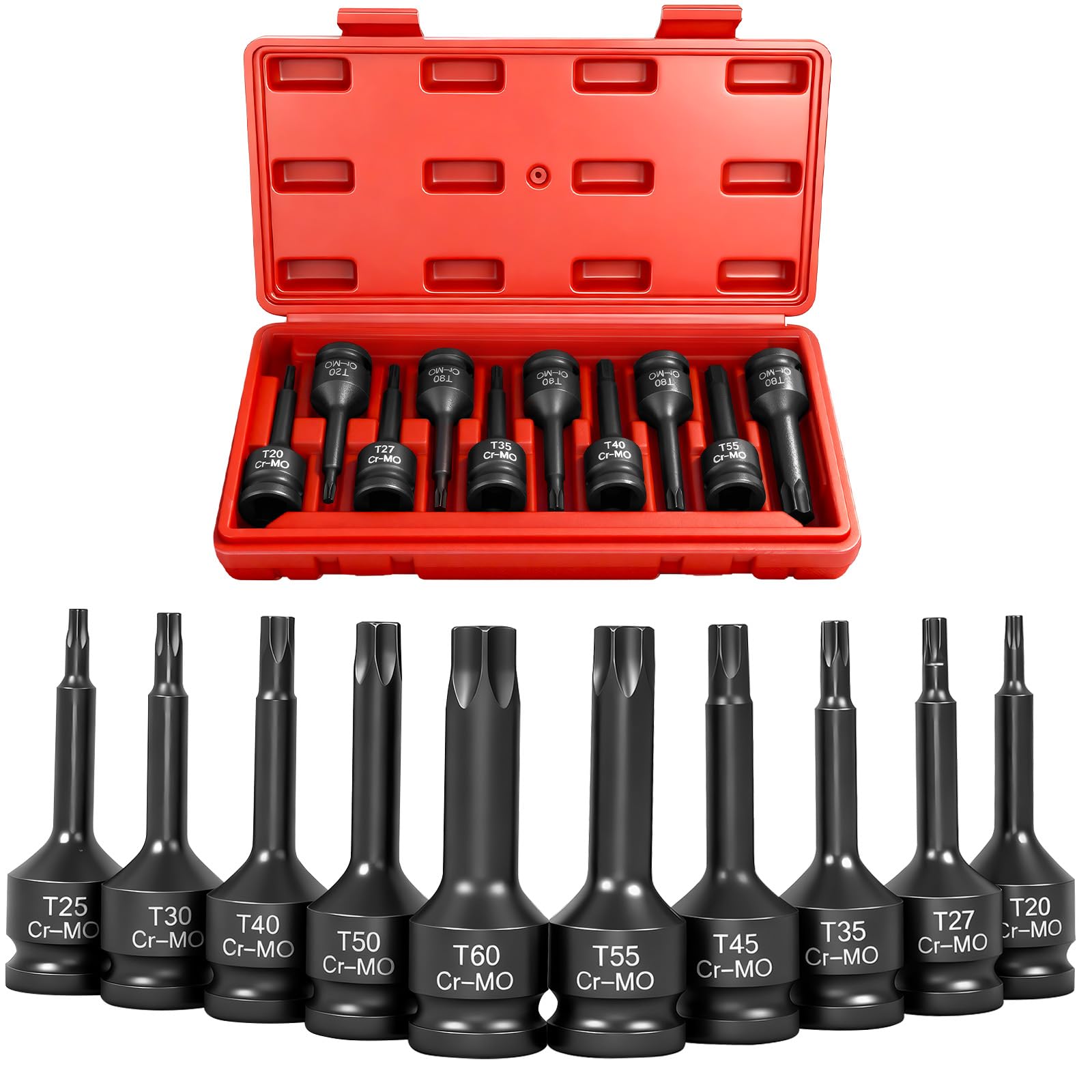 Juego de 10 llaves de vaso Torx de 1/2", 1/2" de fuerza Torx, juego de llaves de impacto T20, T25, T27, T30, T35, T40, T45, T50, T55, T60
