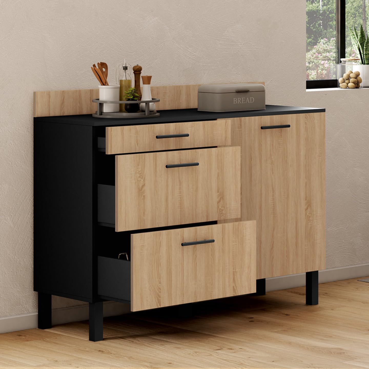 IDMarket - Buffet Bas casserolier de Cuisine 120 cm CINA Plan de Travail H.83 cm 1 Porte + 3 tiroirs Noir et façon hêtre