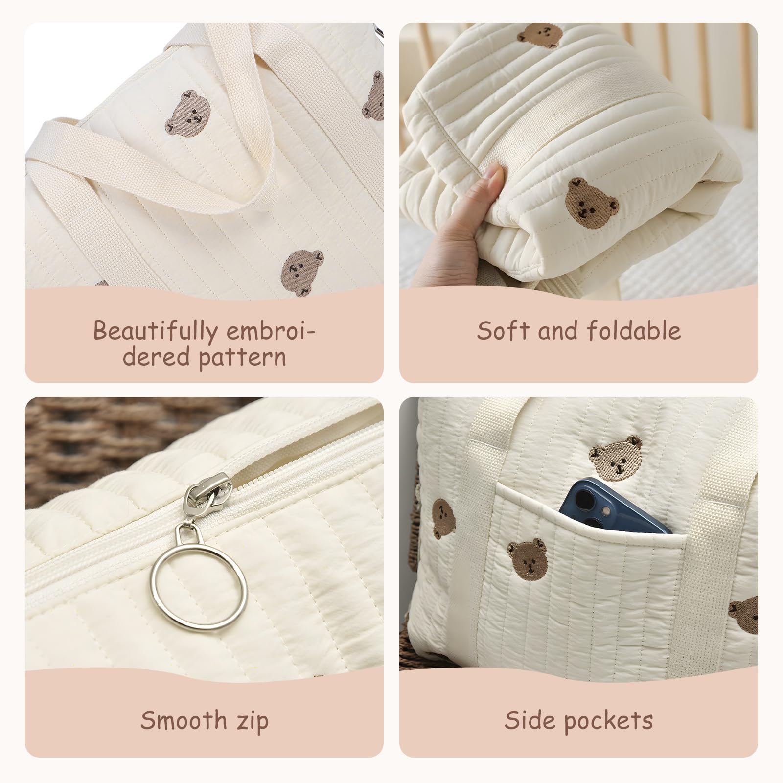 Sac de Rangement Poussette, Organisateur Portable Grande Capacité avec Poche Zippée Coton pour Bébé Maternité Voyage(Ours)