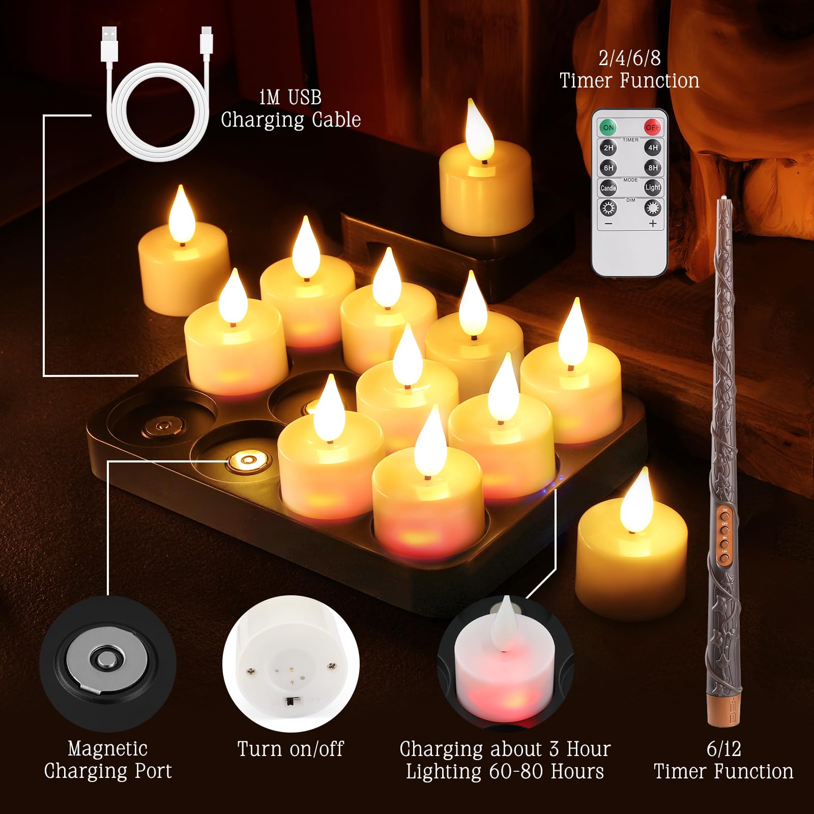 KIKILIVE Rechargeable LED Candles Tea Lights Flickering with Magic Wand Remote Control Timer - Image 4