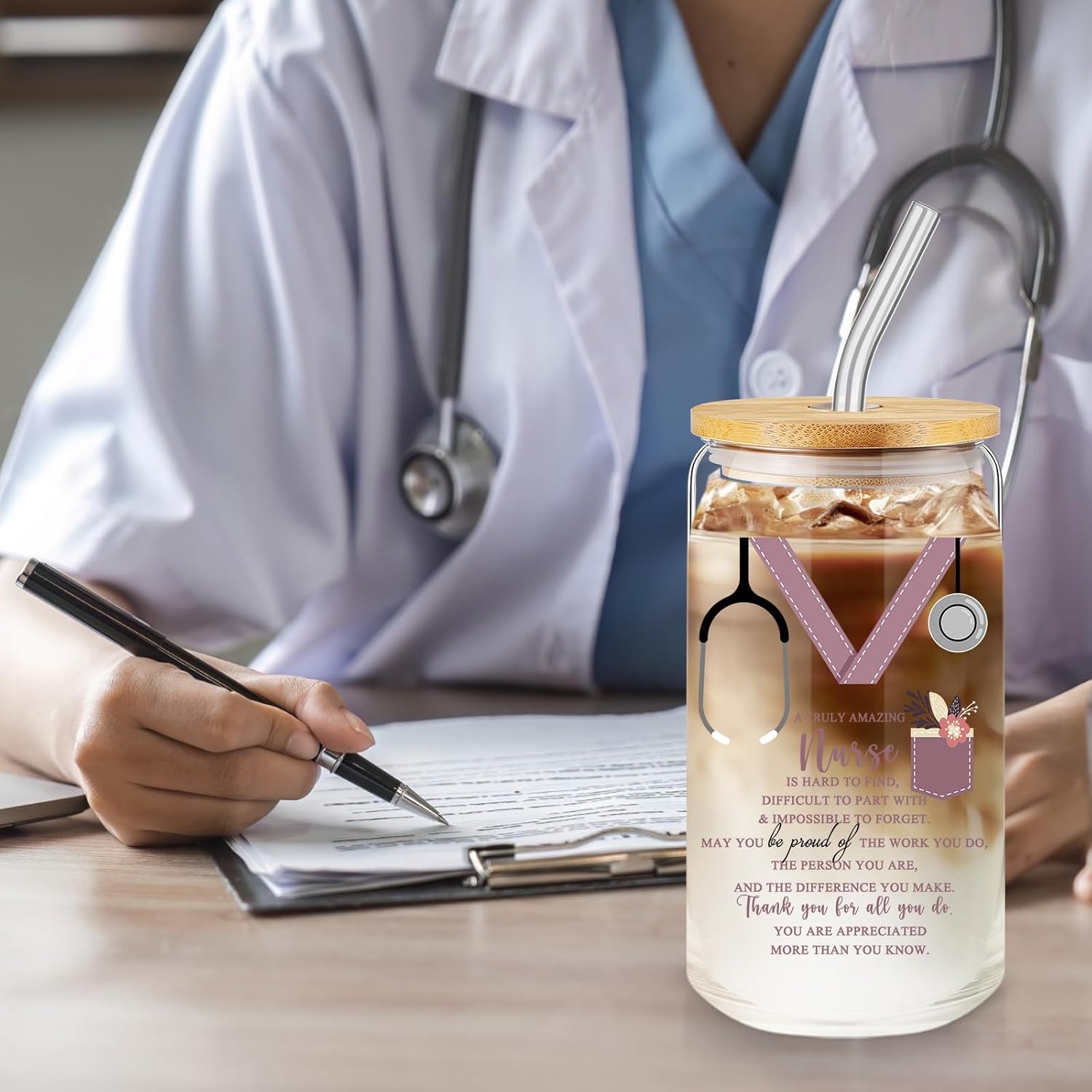 10 Pcs Nurse Appreciation Gifts Bulk for Women 16oz Glass Cup with Bamboo Lid Straw Nurse Assistant Practitioner Nursing Rn Gifts Coffee Cup for Work (Multicolor)
