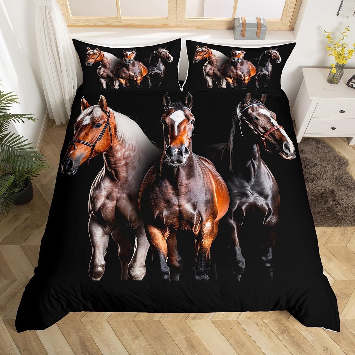 RZPFQB 3D Design Wildlife Super King Duvet Cover Set Quilt Duvet Cover Horses Super King Bedding Set for Kid Teens Boys and girls brown Bedding Quilt Bed Cover 260x220cm