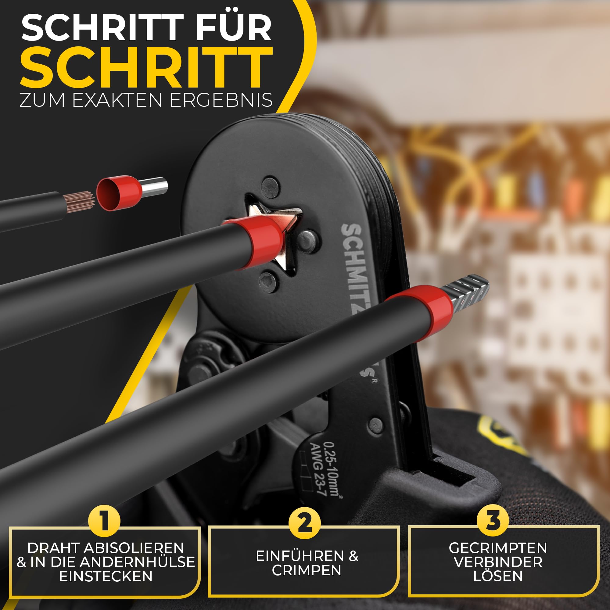 SCHMITZ.Tools® Pinza crimpatrice con 1.800 punzoni terminali – Pinza per manicotti di fissaggio automatico [0,25 – 10 mm²] – Set di pinze crimpatrici – utensili elettrici – Pinza a pressa
