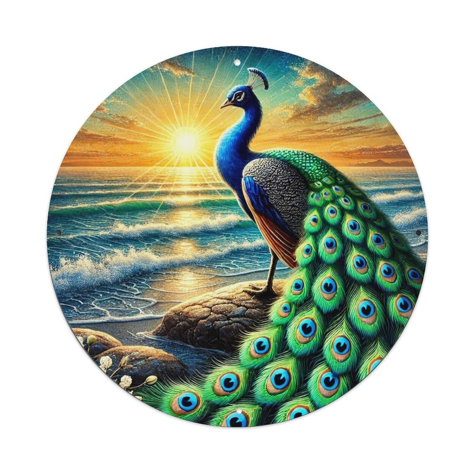 Peacock On Beach Sunset Scene Retro Metal Tin Sign, Vintage Metal Poster for home, Gaming Room, Studio Workshop,Bar,Garage Wall Art Decor 8x8 inch