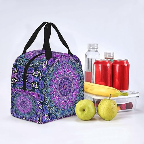 Miniatura 6 de Bolsa de almuerzo con aislamiento floral retro con mandala azul bohemio para mujeres y hombres, reutilizable, duradera, impermeable, bolsa térmica