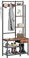 Furologee 4-in-1 Hall Tree Coat Rack with Bench, Shoe Storage, 3 Shelves, Removable Drawer & 5 Hooks - Rustic Brown Entryway Organizer