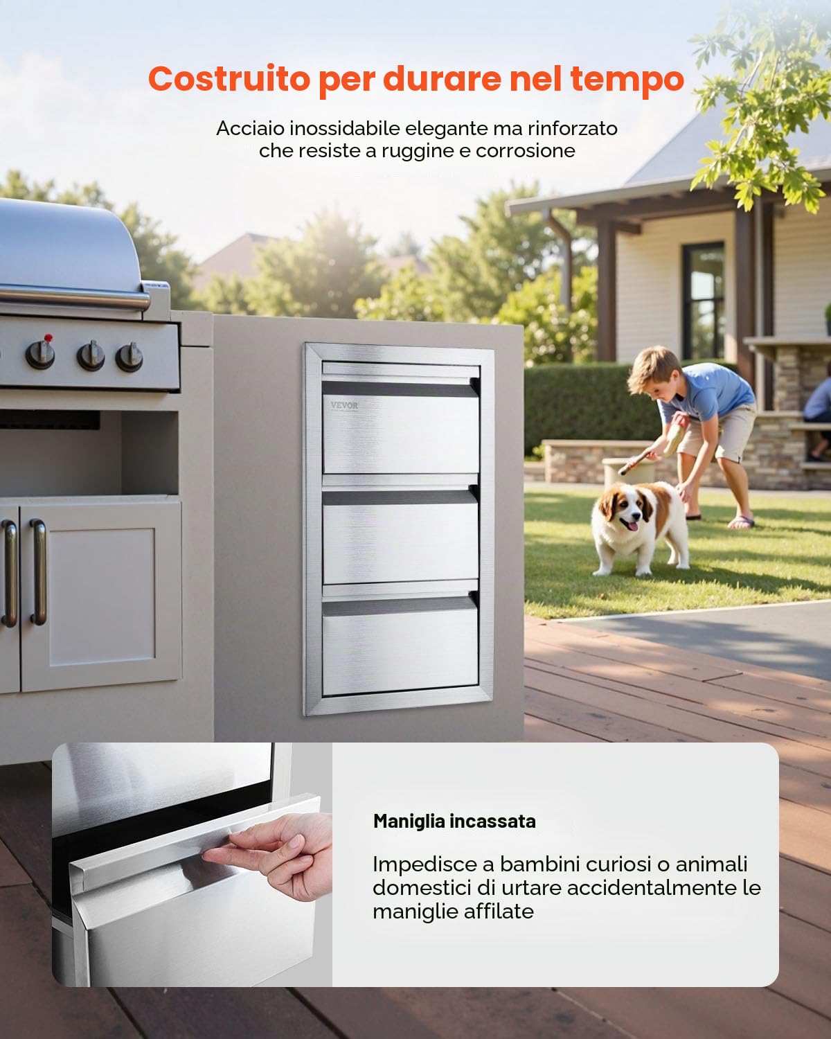 VEVOR Cassettiera per Barbecue, Cassetto per Cucina da Esterno, Cassette Argento in Acciaio Inossidabile, Cassettiera da Cucina con Maniglia Incorporata Uso in Stoviglie (4,7 x 25,4 x 18,7 Pollici)