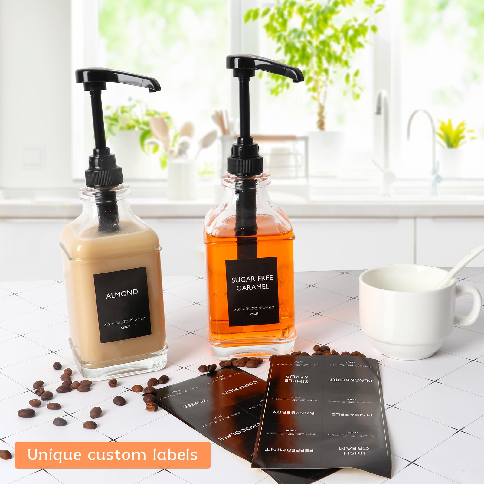 Paquete de 4 dispensadores de jarabe de café de 16 onzas, botella de jarabe de vidrio transparente con bomba de capacidad de 1/4 onzas, dispensador de jarabe para barra de café con bomba de