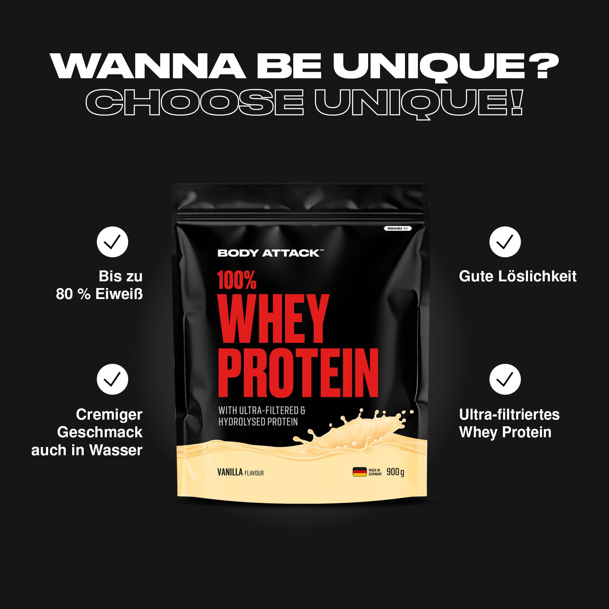 Body Attack 100% whey protéine, protéines musculation-protein powder crémeuse avec hydrolysat et BCAA, prise de masse et régimes, pour athlètes et sportifs-Fabriqué en Allemagne-900g Brownie au choc.