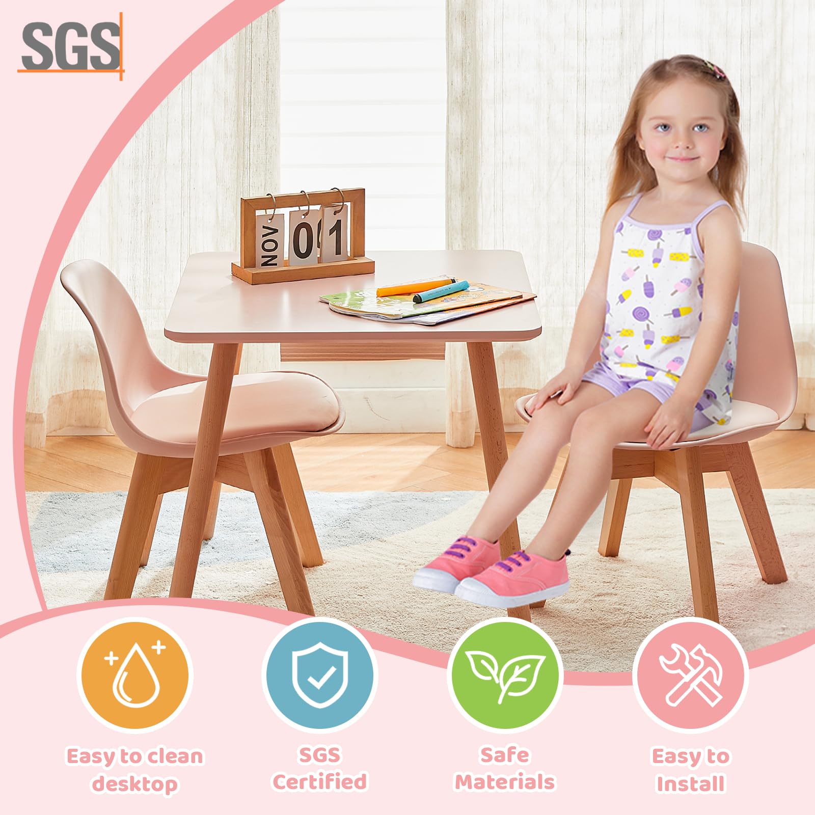 Kindertisch mit 2 Stühlen, Kindersitzgruppe, aus FSC nachhaltigem massivem Buchenholz, 1 bis 6 Jahre Kinder, Kindermöbel für Kinderzimmer, Kindergärten, rosa