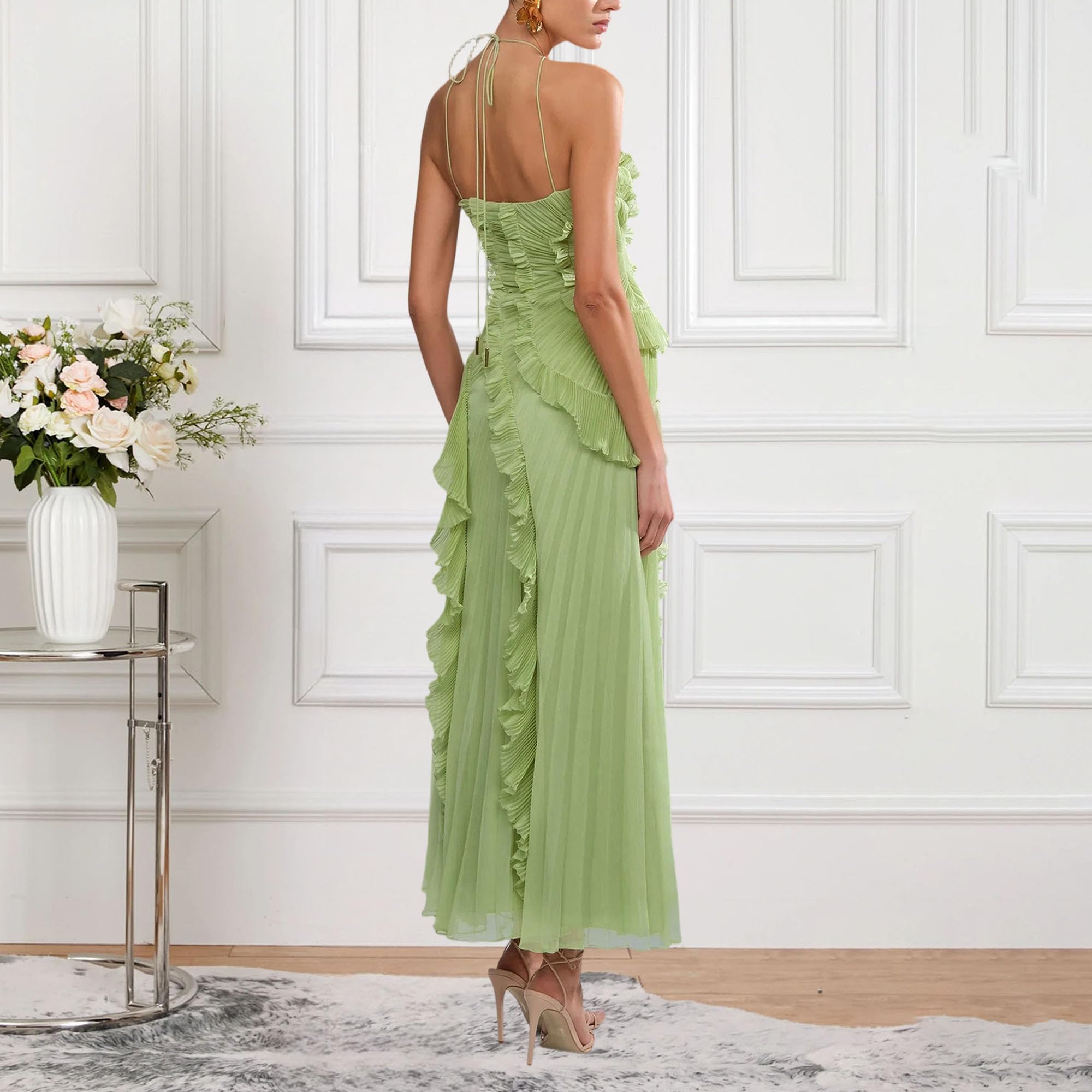 Robe longue dos nu à volants sans manches élégante style fluide pour femme
