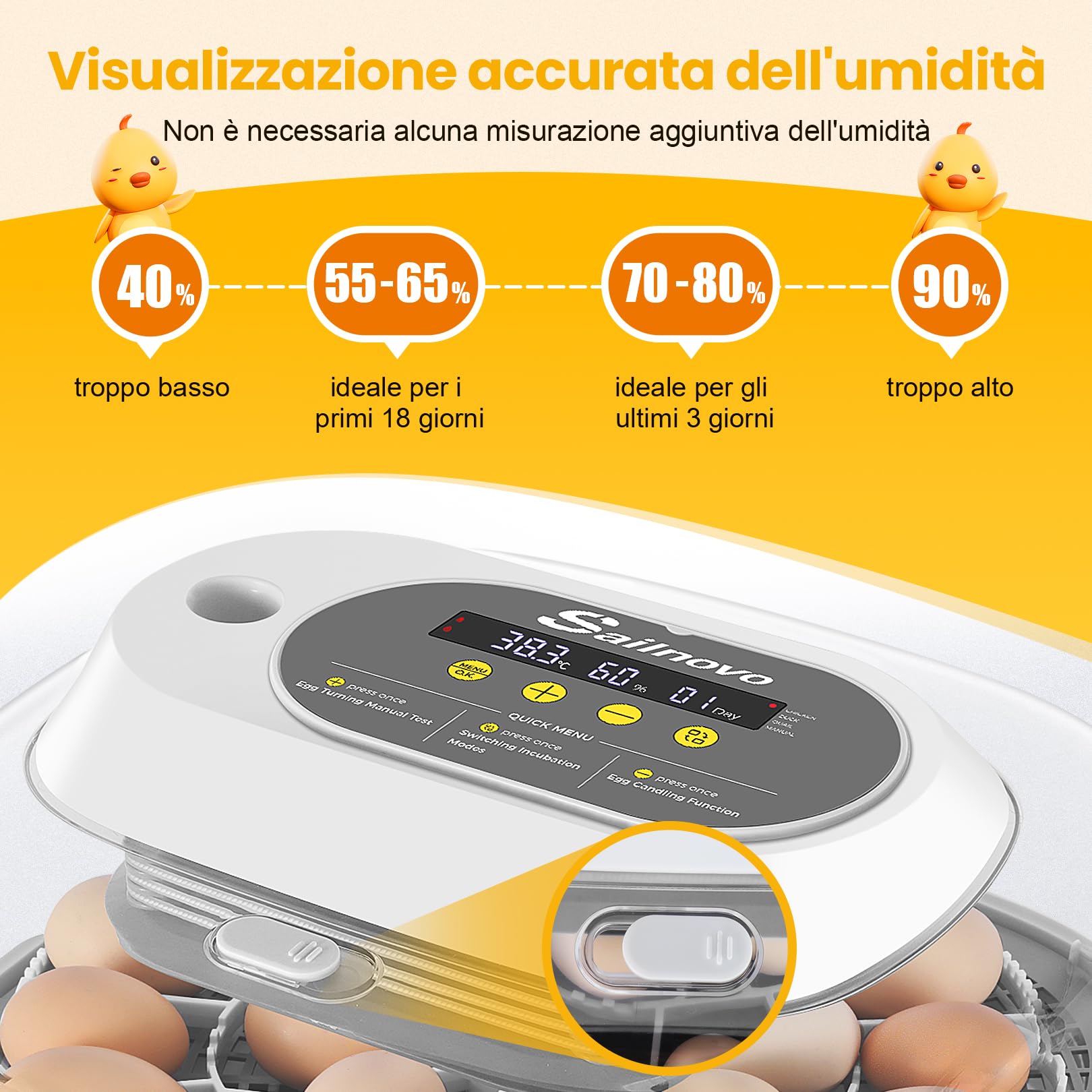 Sailnovo Incubatrice Per 24 Uova Automatica, Incubatrice Uova Gallina, 4 Modalità Incubatrice Con Rotazione Automatica Delle Uova e Controllo Della Temperatura ℉ Per Pollo e Quaglia (Grigio)