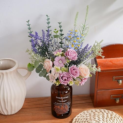 Miniatura 2 de Ramo de flores artificiales de seda de 15 pulgadas con rosas, eucalipto, aliento de bebé, margaritas, lavanda, salvia y manzanilla, arreglo floral