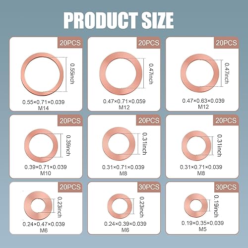 Miniatura 2 de Zosgrew - Juego de 200 piezas de arandelas de cobre para aplastar métricas para auto, 9 tamaños de sellos de tapón de bandeja de aceite de cobre,