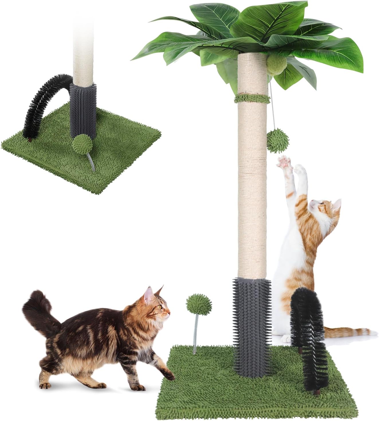 Topmart 29.5” Tall Cat Scratching Post for Large Indoor Cats | Sisal Scratching Post with Self Groomer and 2 Dangling Balls,Green