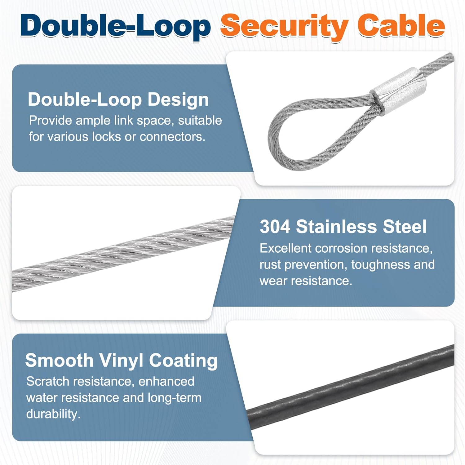 4 Set Double Loop Security Cable Lock (0.98 ft X0.08'') + Keychain Cable, Silver