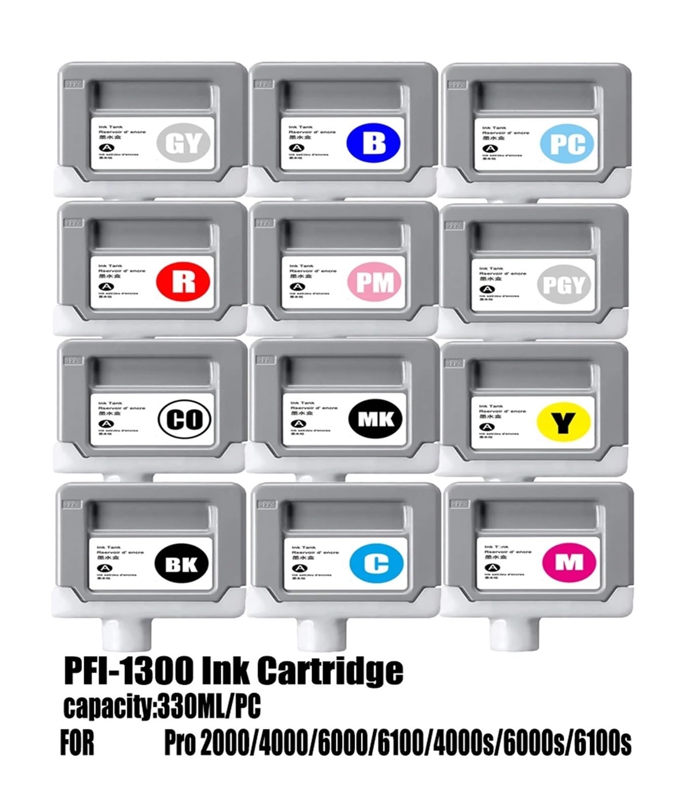 330ML PFI-1300 Tintenpatrone Kompatibel Mit Canon Pro 2000 | Große Tintenkapazität,Drucker Ersatzpatrone,Für Pro 4000 6000 6100 Serie,Einfache Montage(GY)