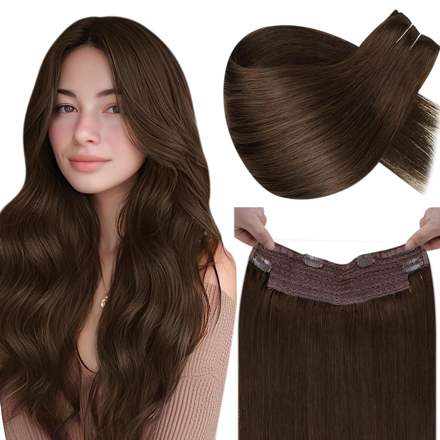 LaaVoo Wire Hair Extensions Human Hair 18 Inch Medium Brown Wire Human Hair Extensions Light Brown Human Hair Extensions Long Straight Hair 86g