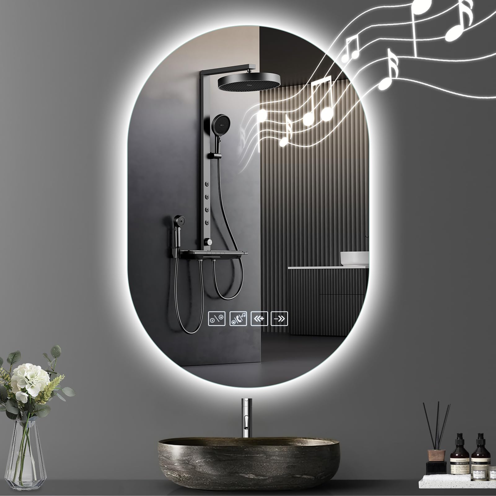 Worshow Bathroom Mirror with LED Lights and Bluetooth, 75×50 cm Wall-Mounted Vanity Mirrors, LED Illuminated Backlit Mirror with Anti-Fog, 3 Colour Dimmable, Time, Memory Function, IP44 Makeup-Mirror