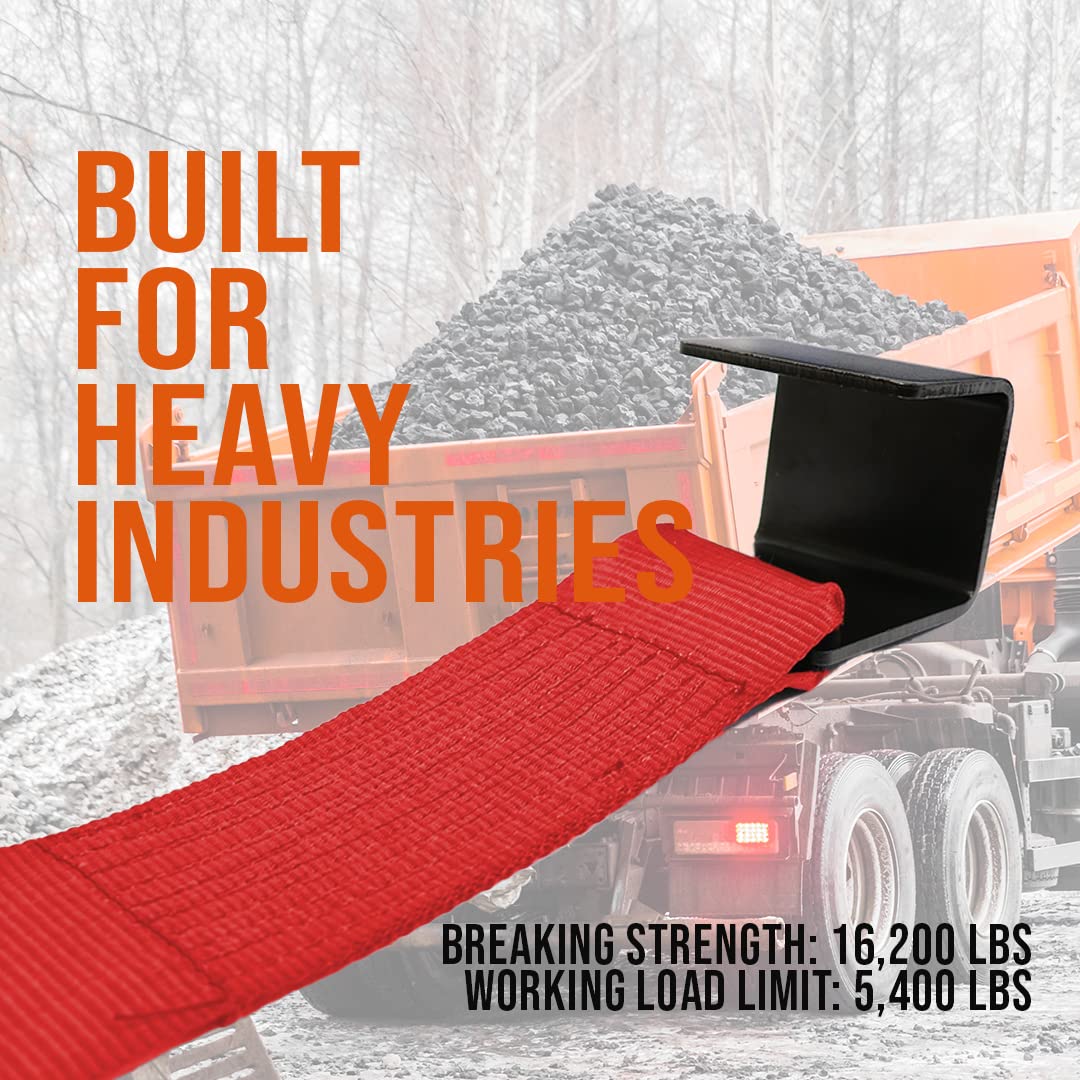 Boxer 2 Pack Roll Off Winch Strap with Flat Hook 4-inch x 5 feet - Red - Heavy Duty Container Hook - Truck and Trailers